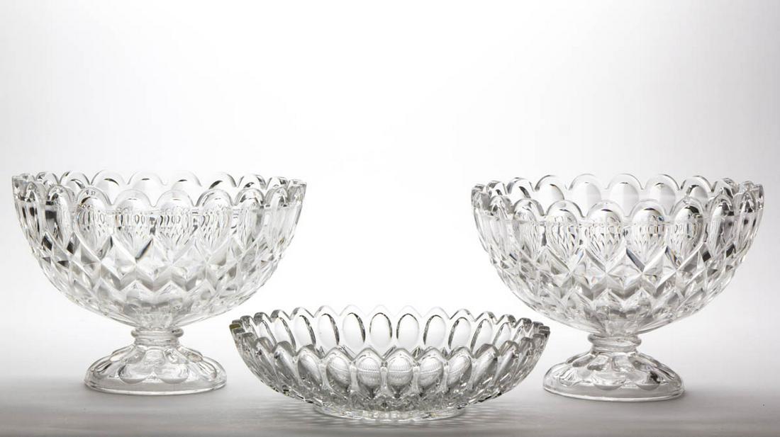 VICTORIA TABLE ARTICLES, LOT OF THREE: VICTORIA TABLE ARTICLES, LOT OF THREE, colorless lead glass, comprising two large footed bowls and a wide low-lying bowl. Bakewell, Pears & Co., Pittsburgh, PA. Third quarter 19th century. 2 7/8" to 7