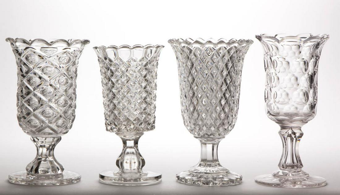 ASSORTED FLINT EAPG CELERY VASES, LOT OF FOUR: ASSORTED FLINT EAPG CELERY VASES, LOT OF FOUR, colorless lead glass, including a Diamond Thumbprint, Bakewell Block, and a Cut Punty example. Bakewell, Pears, & Co. and others. Third quarter 19th cent