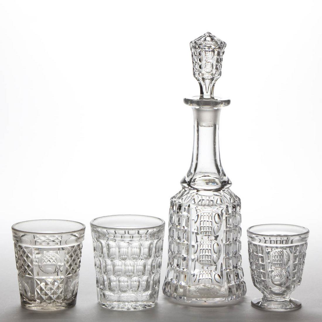 ASSORTED FLINT EAPG DRINKING ARTICLES, LOT OF FOUR: ASSORTED FLINT EAPG DRINKING ARTICLES, LOT OF FOUR, colorless lead glass, comprising a Waffle and Thumbprint/Palace pint decanter with original stopper and small footed tumbler, an Argus/Early Thumbpr