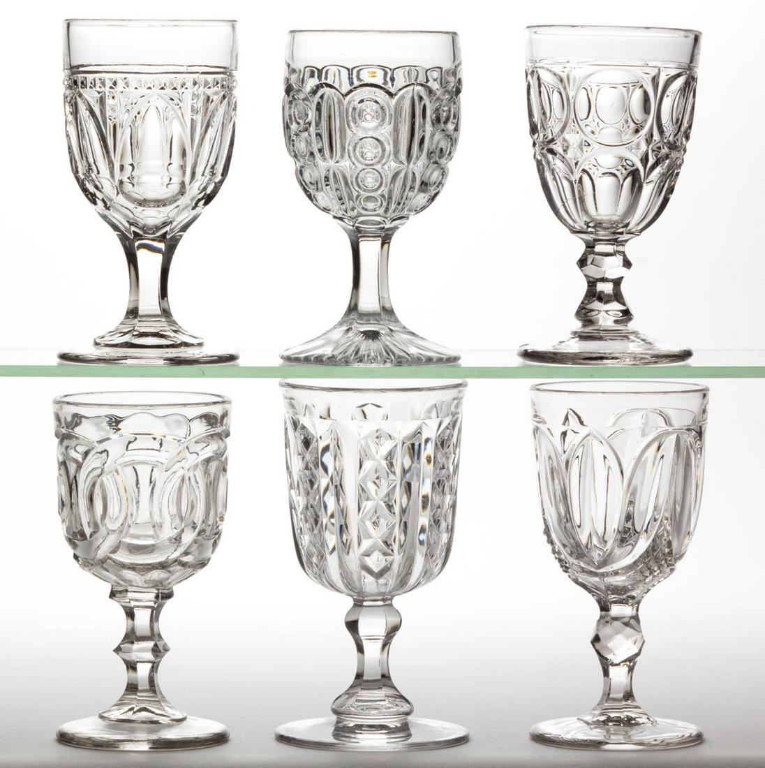 ASSORTED FLINT EAPG GOBLETS, LOT OF SIX: ASSORTED FLINT EAPG GOBLETS, LOT OF SIX, colorless lead glass, including a Wedding Ring, Excelsior, Tulip with Diamond Point, and a Brilliant example. Various makers. Third quarter 19th century. 6 1/8