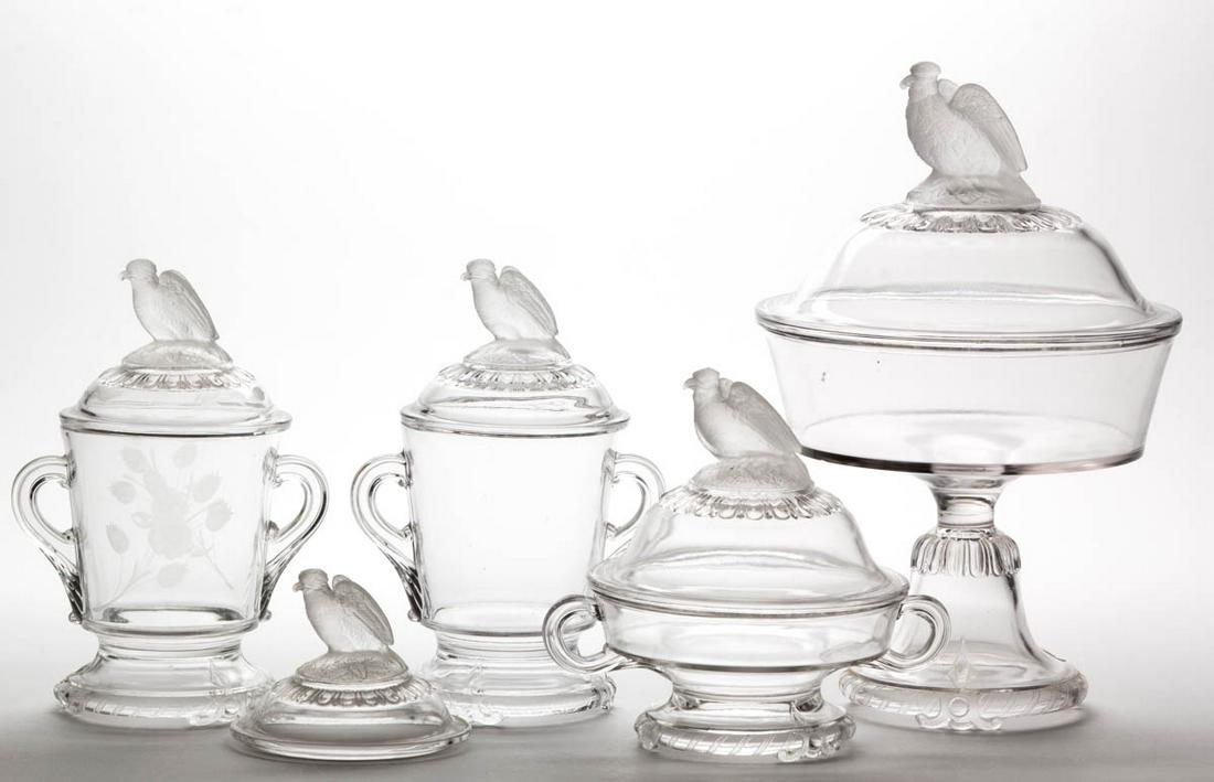 FROSTED EAGLE / OLD ABE TABLE ARTICLES, LOT OF FIVE: FROSTED EAGLE / OLD ABE TABLE ARTICLES, LOT OF FIVE, colorless and frosted, comprising a large covered compote, a covered butter dish, two covered sugar bowls with one having floral engraved decoratio