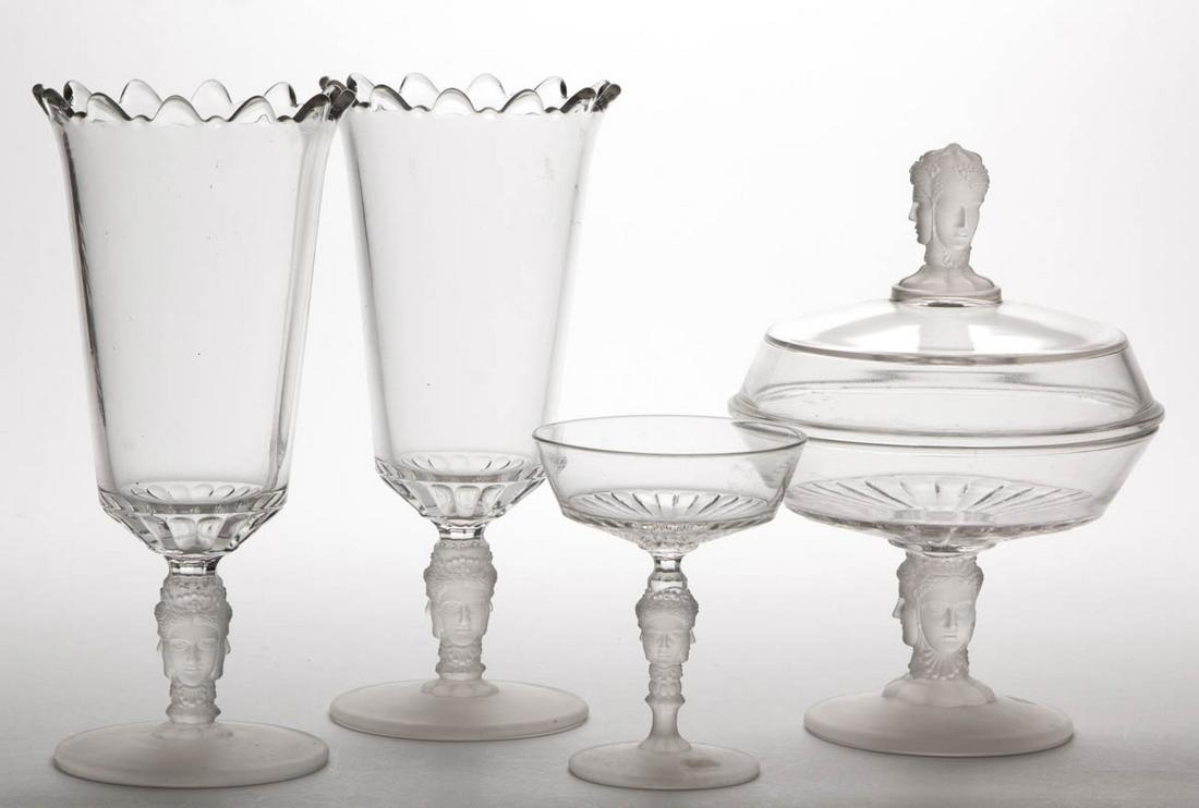 THREE FACE / DUNCAN NO. 400 (OMN) ARTICLES, LOT OF FOUR: THREE FACE / DUNCAN NO. 400 (OMN) ARTICLES, LOT OF FOUR, colorless and frosted, comprising a saucer champagne, two celery vases, and a covered butter dish. Geo. Duncan & Sons, Pittsburgh, PA. 1878-188