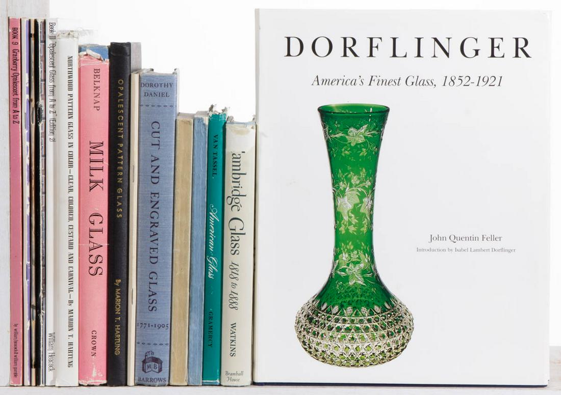 ASSORTED GLASS REFERENCE VOLUMES, LOT OF 15: ASSORTED GLASS REFERENCE VOLUMES, LOT OF 15, including Belknap, "Milk Glass"; Feller, "Dorflinger: America's Finest Glass"; Watkins, "Cambridge Glass"; and Daniel "Cut and Engraved Glass". Hard and so