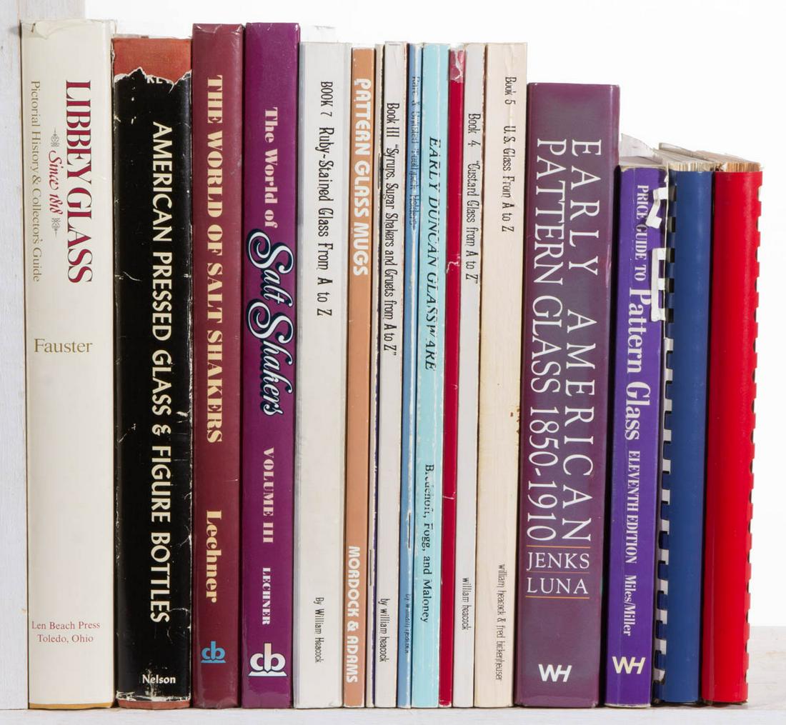 ASSORTED PRESSED GLASS REFERENCE VOLUMES, LOT OF 17: ASSORTED PRESSED GLASS REFERENCE VOLUMES, LOT OF 17, including Heacock, "Victorian Colored Pattern Glass" Books 4, 5, and 7; Fauster "Libbey Glass"; Bredehoft/Fogg/Maloney "Early Duncan Glassware"; an