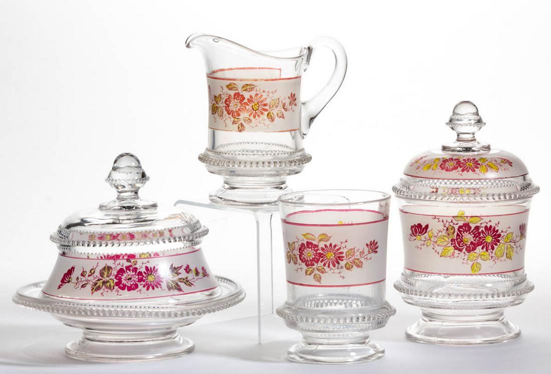 WASHINGTON - MAIDEN'S BLUSH-STAINED FOUR-PIECE TABLE: WASHINGTON - MAIDEN'S BLUSH-STAINED FOUR-PIECE TABLE SET, colorless and frosted with matching polychrome-enameled decoration, comprising a covered butter dish, covered sugar bowl, creamer, and spooner