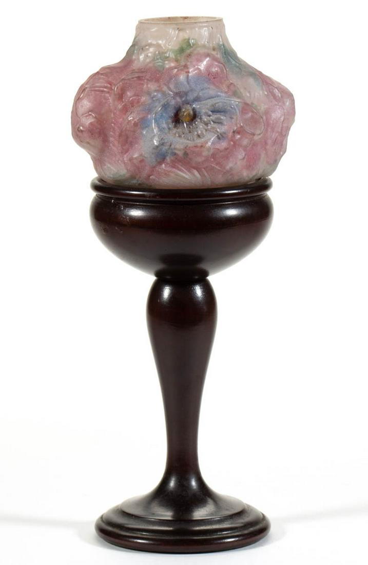 PAIRPOINT PUFFY FLORAL SHADE PEDESTAL CANDLE / FAIRY: PAIRPOINT PUFFY FLORAL SHADE PEDESTAL CANDLE / FAIRY LAMP, frosted colorless with polychrome reverse painting, shade with four flowers and signed "THE PAIRPOINT CO" to the interior, raised on a turned