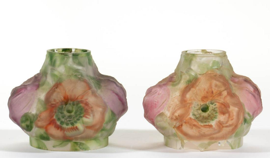 PAIRPOINT PUFFY FLORAL CANDLE / FAIRY LAMP SHADES, LOT: PAIRPOINT PUFFY FLORAL CANDLE / FAIRY LAMP SHADES, LOT OF TWO, frosted colorless with polychrome reverse painting, each having the same floral pattern. Pairpoint Corporation. Circa 1920. 3 1/2" H, 3" 