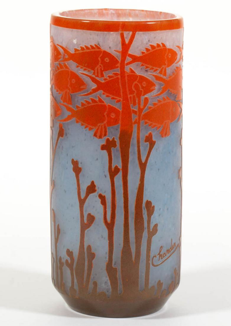 SCHNEIDER POISSONS CAMEO ART GLASS CYLINDER VASE: SCHNEIDER POISSONS CAMEO ART GLASS CYLINDER VASE, orange to colorless shaded to blue ground, school of fish creating a band near the rim and seaweed reaching upward from the base, signed "Charder" and