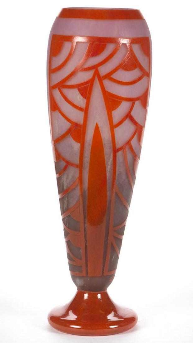 SCHNEIDER NENUPHAR CAMEO ART GLASS LARGE VASE: SCHNEIDER NENUPHAR CAMEO ART GLASS LARGE VASE, orange to frosted colorless with dark spatter ground, large ovoid form, signed "Charder" near the top of the foot, polished pontil mark. France. 1928-193