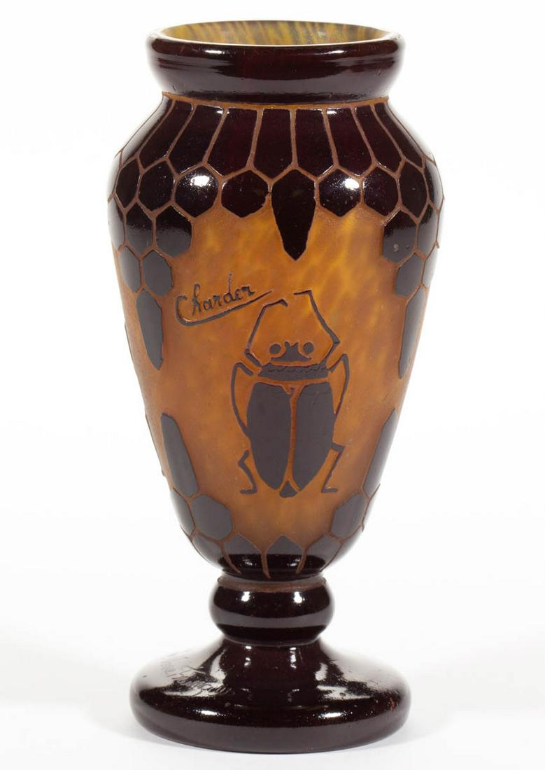 SCHNEIDER SCARABEE CAMEO ART GLASS VASE: SCHNEIDER SCARABEE CAMEO ART GLASS VASE, maroon to frosted amber ground, ovoid form with a knop stem, depicting three scarabs with a honeycomb pattern surrounding, signed "Charder", "Le verre Francias