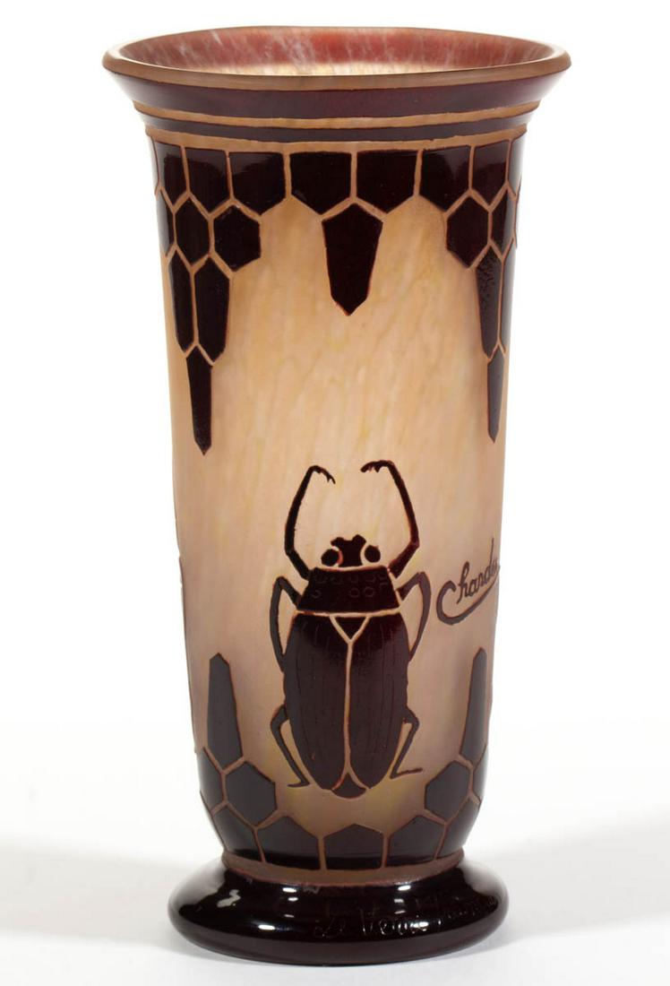 SCHNEIDER SCARABEE CAMEO ART GLASS VASE: SCHNEIDER SCARABEE CAMEO ART GLASS VASE, maroon to frosted ground, cylinder form with a flaring rim, depicting three scarabs with a honeycomb pattern surrounding, signed "Charder", "Le verre Francias"