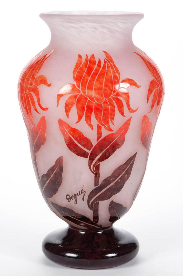 DEGUE ART DECO CAMEO ART GLASS LARGE VASE: DEGUE ART DECO CAMEO ART GLASS LARGE VASE, bright red shading to maroon, mottled pink ground, large urn form with decoration depicting five stylized blooming flowers, signed "Degue", stating "Made in