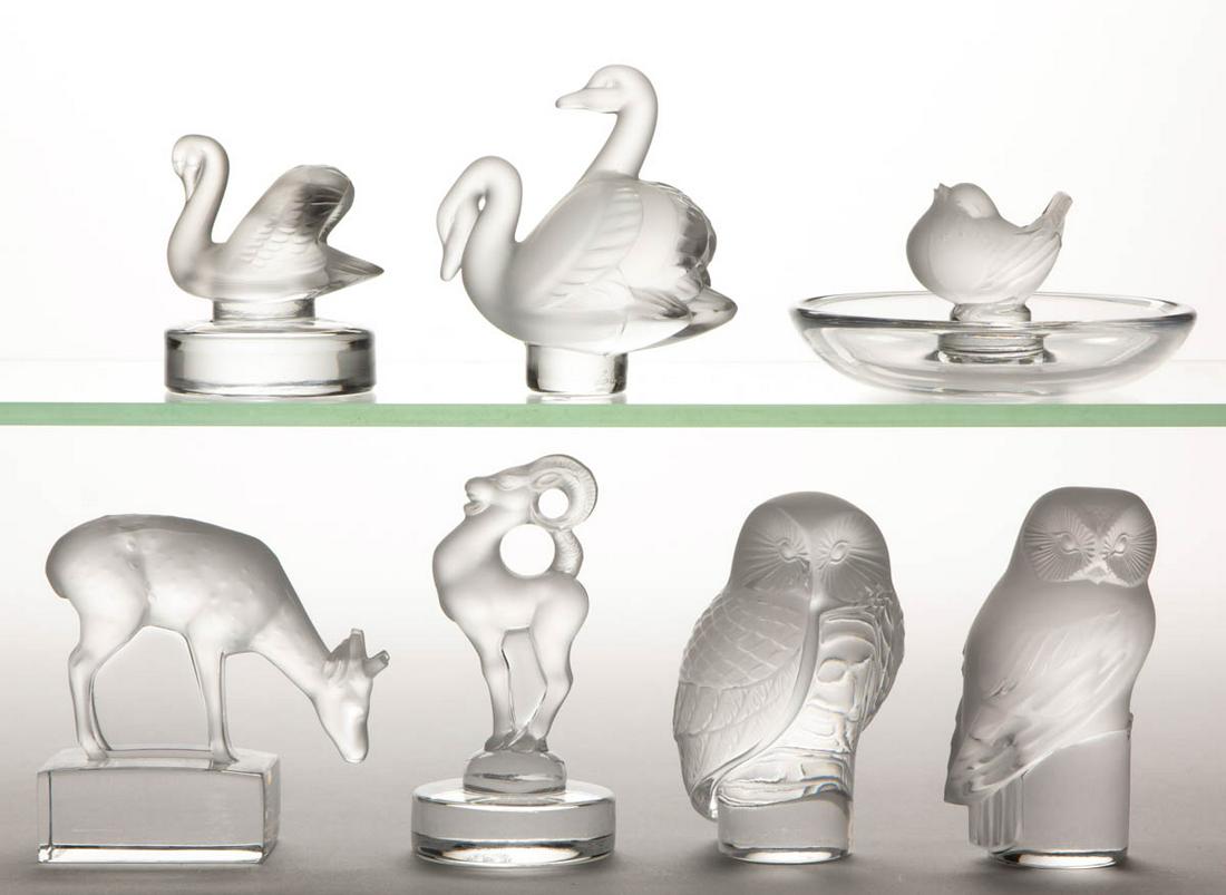 LALIQUE ART GLASS FIGURES, LOT OF SEVEN: LALIQUE ART GLASS FIGURES, LOT OF SEVEN, frosted colorless, including two Owl, a Deer, a Ram, and two Swans, each signed. France. Second half 20th century. 2" to 3 3/4" HOA.Undamaged.Provenance: From