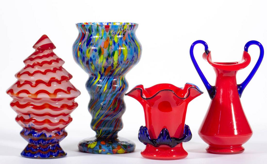 ASSORTED CZECH ART GLASS ARTICLES, LOT OF FOUR: ASSORTED CZECH ART GLASS ARTICLES, LOT OF FOUR, comprising a polychrome mottled vase, a red, white, and blue wave-decorated covered jar, and a red glass vases with each having applied cobalt blue deco