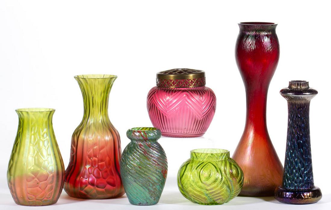 ASSORTED BOHEMIAN ART GLASS VASES, LOT OF SEVEN: ASSORTED BOHEMIAN ART GLASS VASES, LOT OF SEVEN, various colors, including two Honeycomb and Panel, a Kralik Martele, and a Kralik Leaf. Bohemia, now Czech Republic. First quarter 20th century. 3 1/2"