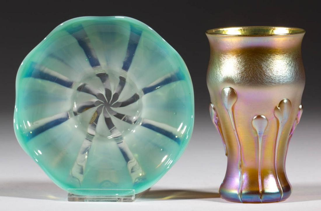 TIFFANY FAVRILE ART GLASS ARTICLES, LOT OF TWO: TIFFANY FAVRILE ART GLASS ARTICLES, LOT OF TWO, comprising a teal opalescent Pastel dish, and a golden iridescent Lily-pad vase, each signed and numbered. Tiffany Studios. First half 20th century. Lil