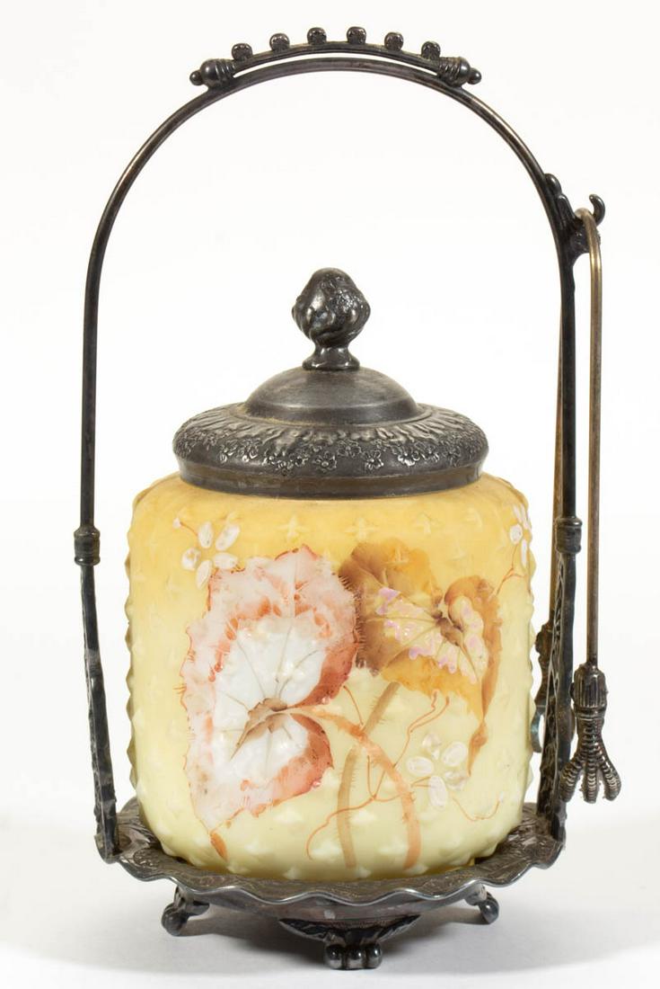 MT. WASHINGTON CROWN MILANO ART GLASS PICKLE CASTER: MT. WASHINGTON CROWN MILANO ART GLASS PICKLE CASTER, polychrome enamel Caladium Leaf decoration, embossed overall star-hobnail pattern, fitted in a quadruple-plate stand marked "PAIRPOINT MFG. CO." an