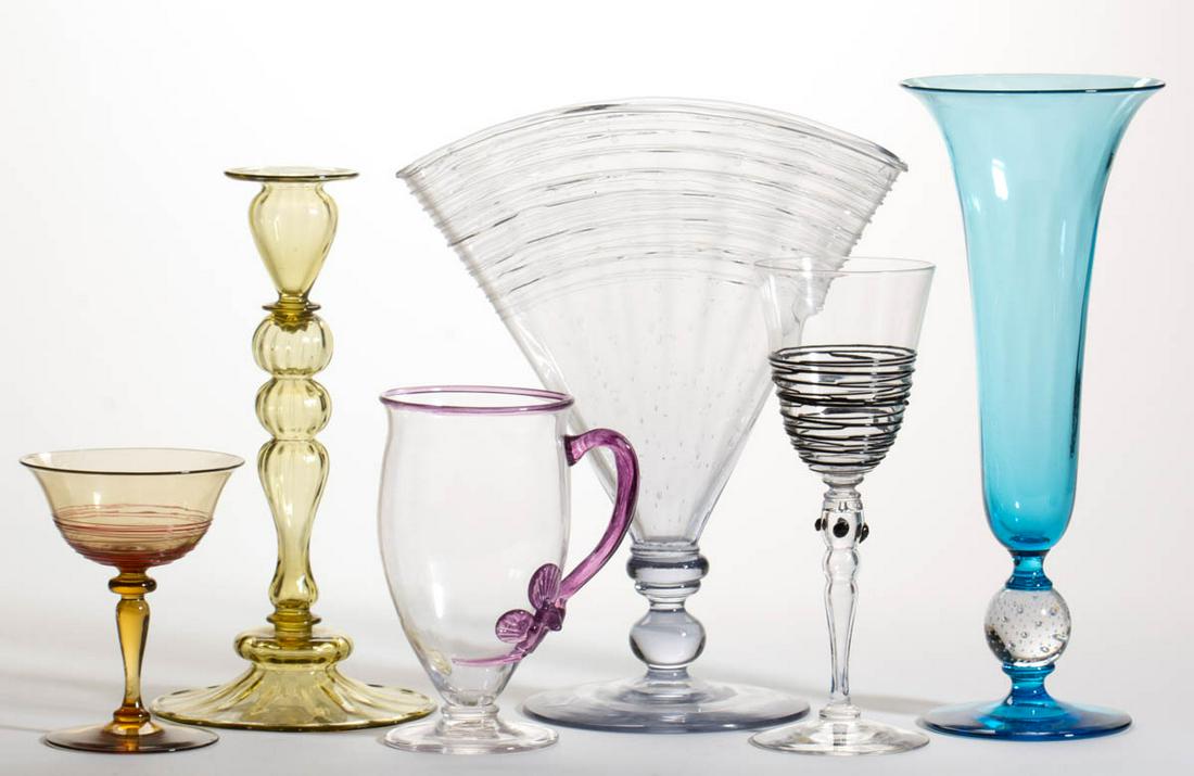 STEUBEN ATTRIBUTED ART GLASS ARTICLES, LOT OF FIVE: STEUBEN ATTRIBUTED ART GLASS ARTICLES, LOT OF FIVE, various colors, including a Mat-so-nu-ke pitcher, a fan vase, and a ribbed candlestick. Together with a Pairpoint blue vase with controlled-bubble s
