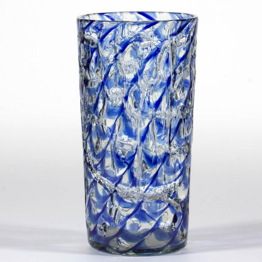 DURAND ATTRIBUTED CRYSTAL CRACKLE ART GLASS TUMBLER /: DURAND ATTRIBUTED CRYSTAL CRACKLE ART GLASS TUMBLER / VASE, golden iridescent ground with blue and opal Mutual Crackle with lustre, cylindrical form, polished pontil mark, unsigned. Vineland Flint Gla