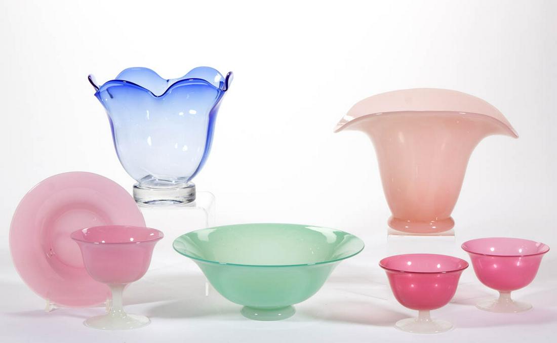 ASSORTED ART GLASS ARTICLES, LOT OF SEVEN: ASSORTED ART GLASS ARTICLES, LOT OF SEVEN, translucent rose/pink, translucent green, and shaded blue, including three Steuben sherbets and an undertray. Steuben Glass Works and others. 20th century. 1