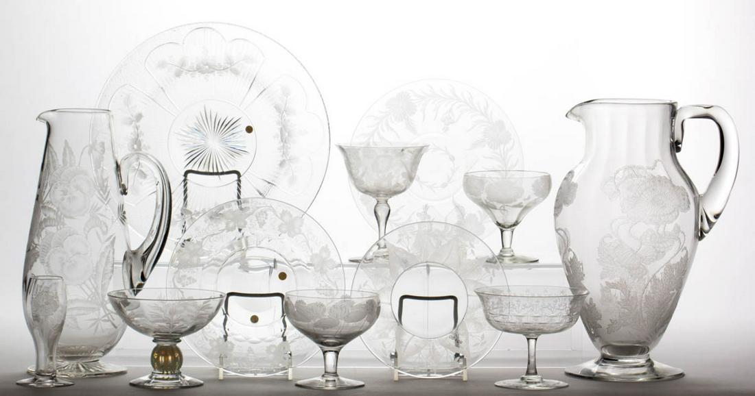 ASSORTED ACID-ETCHED ARTICLES, LOT OF 12: ASSORTED ACID-ETCHED ARTICLES, LOT OF 12, colorless, including a Cambridge Poppy pitcher, a Dorflinger Kalana Poppy sherbet, a Chippendale sherbet, and a Kalana Rose Band and Ribbon champagne. Various