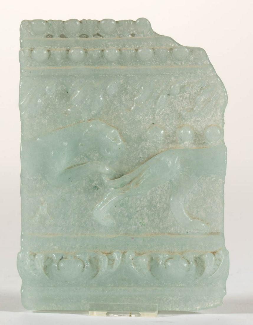 LIZ MARX STUDIO PATE-DE-VERRE ART GLASS ARCHITECTURAL: LIZ MARX STUDIO PATE-DE-VERRE ART GLASS ARCHITECTURAL PANEL, pale blue, in an ancient style depicting large cats with decorative bands above and below, signed to the backside "Liz Marx Studios". Fourt
