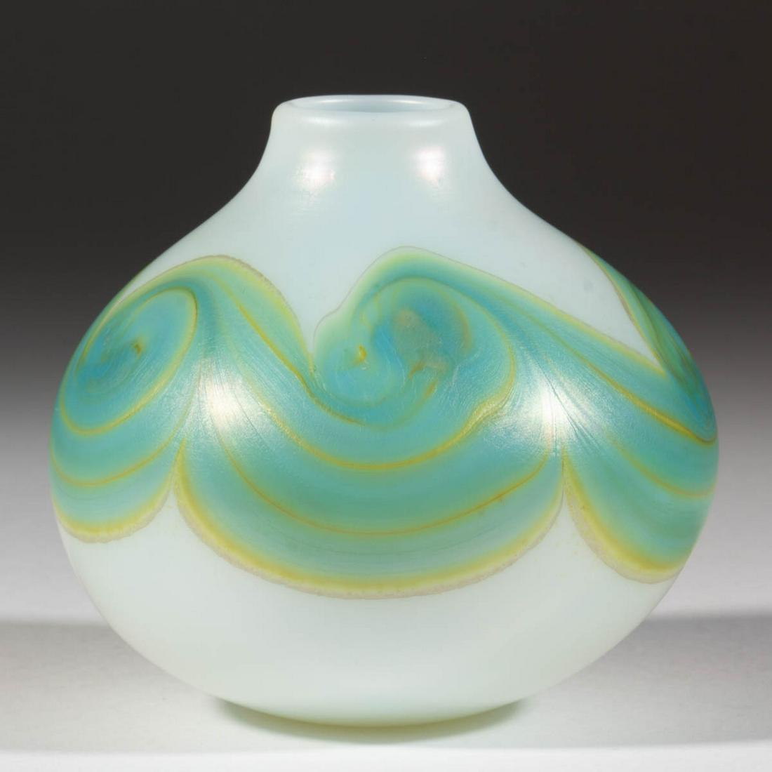 MARK PEISER IRIDESCENT SWIRL STUDIO ART GLASS VASE: MARK PEISER IRIDESCENT SWIRL STUDIO ART GLASS VASE, white iridescent ground with light blue and yellow decoration, small gourd form with a medial band of swirling, signed "MARK PEISER 22.153 1972", po