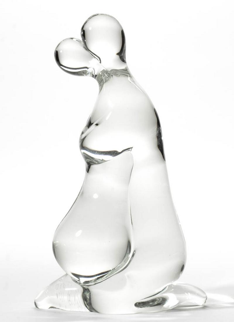 ROBERTO MORETTI STUDIO ART GLASS SCULPTURE: ROBERTO MORETTI STUDIO ART GLASS SCULPTURE, colorless, depicting an abstract man and woman embracing, signed "Roberto Moretti/1968". Italy. Dated 1698. 12 1/2" HOA. Undamaged. Provenance: From the Ray
