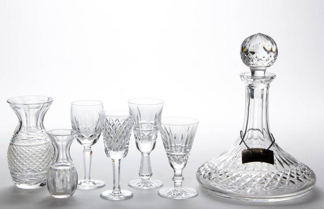 ASSORTED WATERFORD CRYSTAL ARTICLES, LOT OF SIX: ASSORTED WATERFORD CRYSTAL ARTICLES, LOT OF SIX, colorless, including a Lismore ship's decanter with Stieff Colonial Williamsburg sterling silver "SHERRY" label, and four sherry/wine glasses in variou