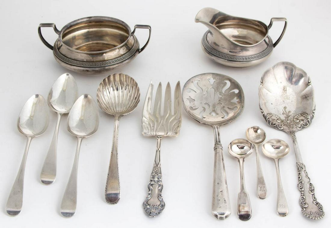 ENGLISH AND AMERICAN STERLING / OTHER SILVER FLATWARE: ENGLISH AND AMERICAN STERLING / OTHER SILVER FLATWARE AND ARTICLES, LOT OF 12, sterling pieces comprising a creamer and open sugar set by Dominic & Haff having Greek key shoulders and angular handles,