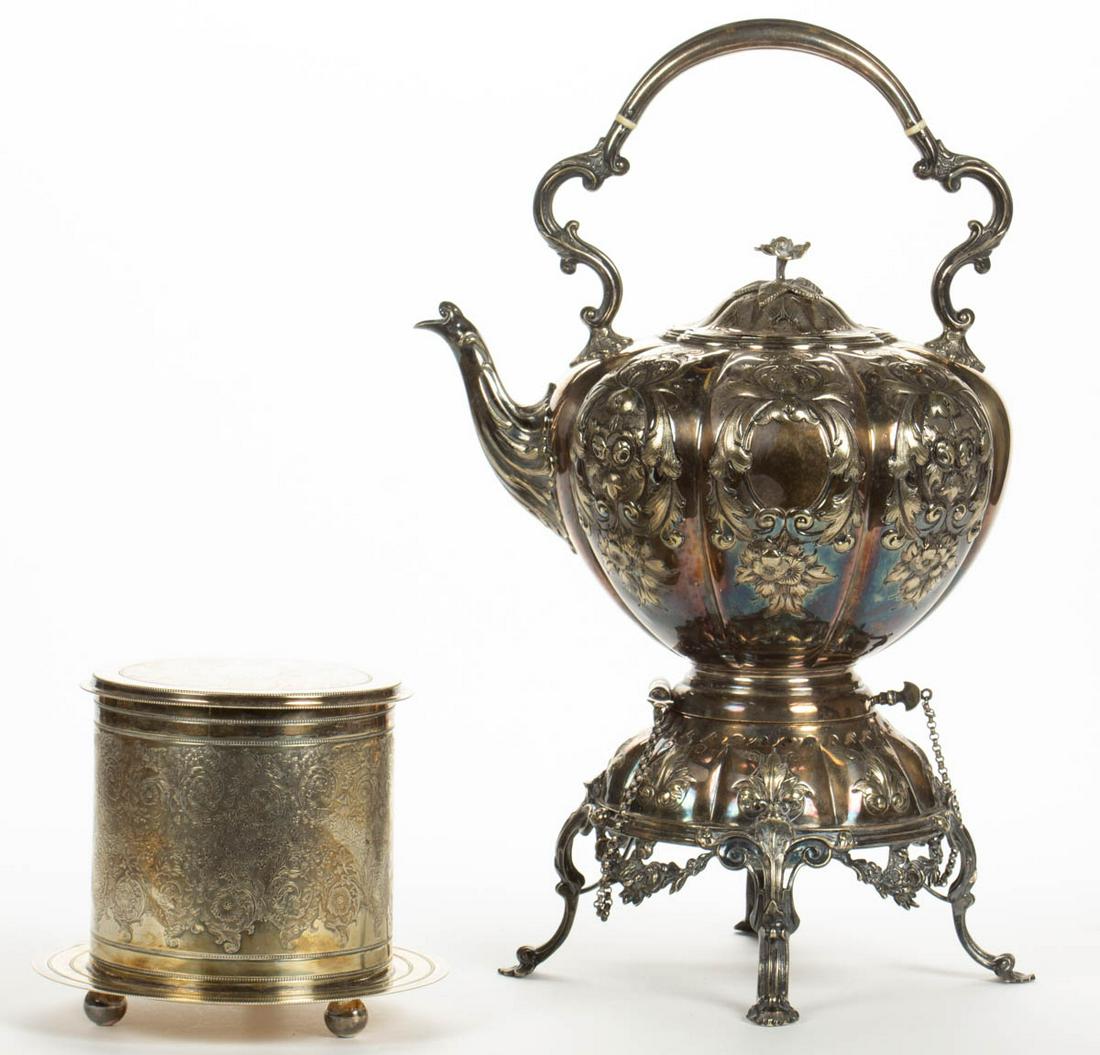 VICTORIAN SILVER-PLATED TABLE ARTICLES, LOT OF TWO: VICTORIAN SILVER-PLATED TABLE ARTICLES, LOT OF TWO, comprising a pumpkin-form tea kettle on stand including burner having a bail handle and repousse floral decoration, and a biscuit box with hinged li