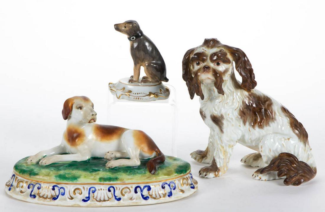 GERMAN MEISSEN PORCELAIN BOLOGNESE DOG FIGURE: GERMAN MEISSEN PORCELAIN BOLOGNESE DOG FIGURE, featuring hand-painted brown spots on white molded fur with charming heavy-browed expression. Having hand-brushed blue crossed swords to underside with v