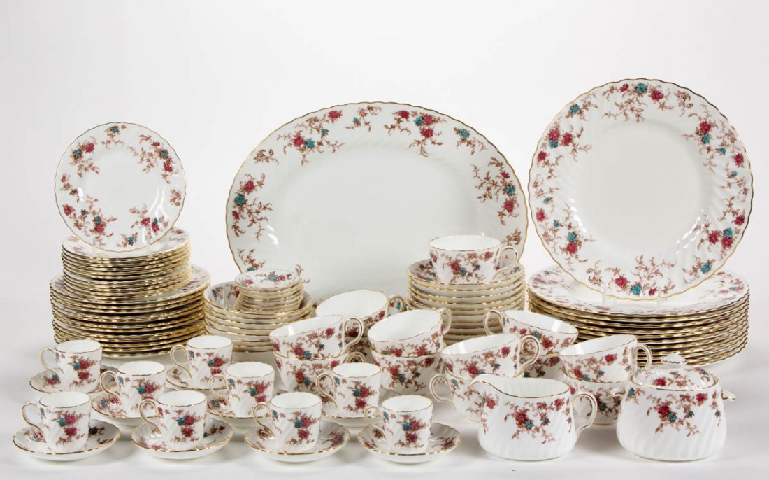 ENGLISH MINTON "ANCESTRAL" PORCELAIN DINNER SERVICE,: ENGLISH MINTON "ANCESTRAL" PORCELAIN DINNER SERVICE, LOT OF 101, each having brown transfer-printed floral motif with hand-painted burgundy and teal decoration with gilt banded rim, comprising a 15 1/
