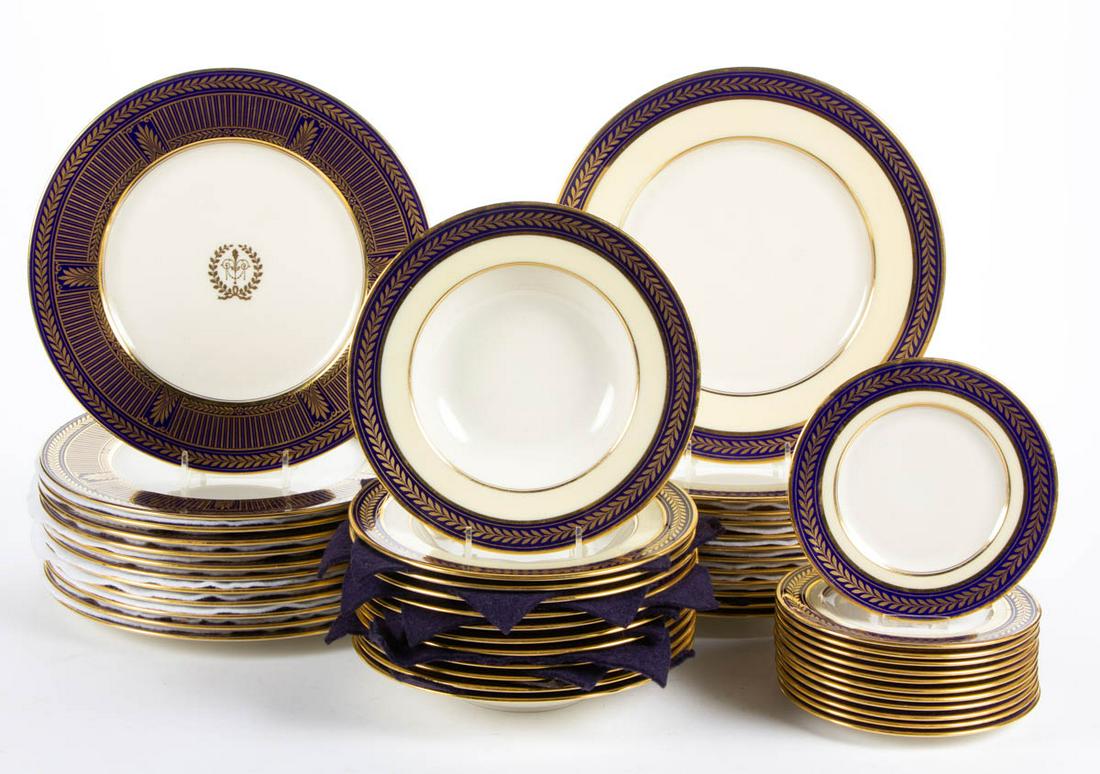 AMERICAN LENOX PORCELAIN TABLE ARTICLES, LOT OF 48: AMERICAN LENOX PORCELAIN TABLE ARTICLES, LOT OF 48, comprising a 36-piece set including twelve 10 3/8" D plates, twelve 6 1/8" D plates, and twelve 8 1/4" D soup plates, each having cobalt and gilt ba