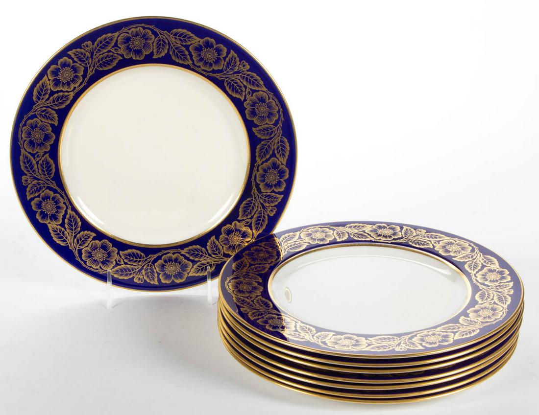 AMERICAN LENOX PORCELAIN PLATES, LOT OF EIGHT: AMERICAN LENOX PORCELAIN PLATES, LOT OF EIGHT, each having cobalt border with gilt floral vine motif. Having gilt or green printed wreath with central "L" and "LENOX" below, "MADE IN U.S.A" with hand-