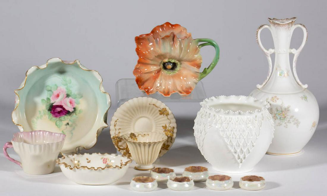 ASSORTED CERAMIC ARTICLES, LOT OF 14: ASSORTED CERAMIC ARTICLES, LOT OF 14, including a Royal Bayreuth poppy figural creamer, two Lotus Ware vases, including one with applied net-like design, an oval dish featuring polychrome floral sprig