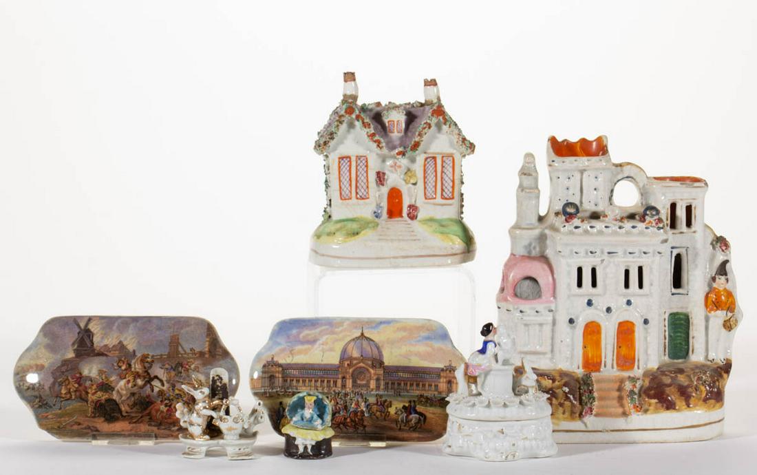 ASSORTED CERAMIC ARTICLES, LOT OF SEVEN: ASSORTED CERAMIC ARTICLES, LOT OF SEVEN, including two oval-shaped pot lids featuring transfer scenes including "WOUVERMANN PINX" and the Crystal Palace at Queen Victoria's Great Exposition, a figural