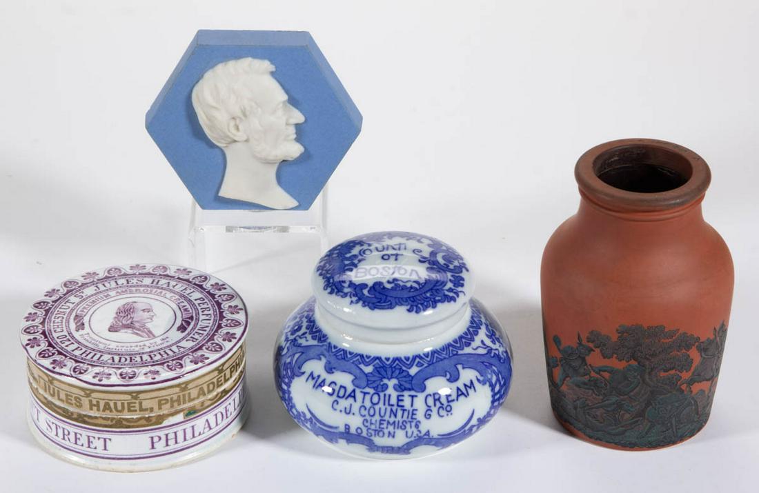 ASSORTED CERAMIC ARTICLES, LOT OF FOUR: ASSORTED CERAMIC ARTICLES, LOT OF FOUR, comprising a purple/mulberry transfer-printed covered jar retaining original sealed label with "PREMIUM AMBROSIAL CREAM" from "120 CHESTNUT ST JULES HAUEL PERFU