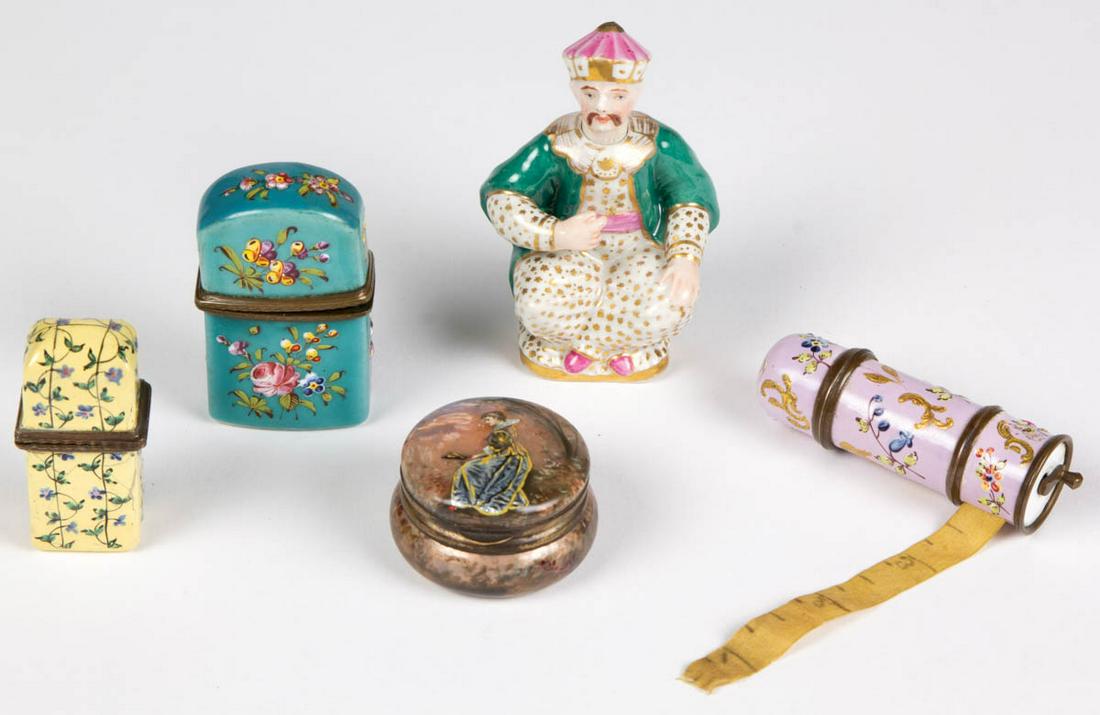 ASSORTED ENAMEL ARTICLES, LOT OF FOUR: ASSORTED ENAMEL ARTICLES, LOT OF FOUR, each having hand-painted decorations, comprising a pocket sewing kit having floral motif on lavender ground including thimble and measuring tape, and three boxes