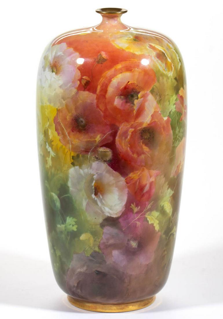 ENGLISH DOULTON LUSCIAN WARE PORCELAIN VASE: ENGLISH DOULTON LUSCIAN WARE PORCELAIN VASE, tall cylindrical form with narrow neck, featuring beautiful polychrome hand-painted floral design with gilt rim and base, signed "Louis Bilton". Marks incl