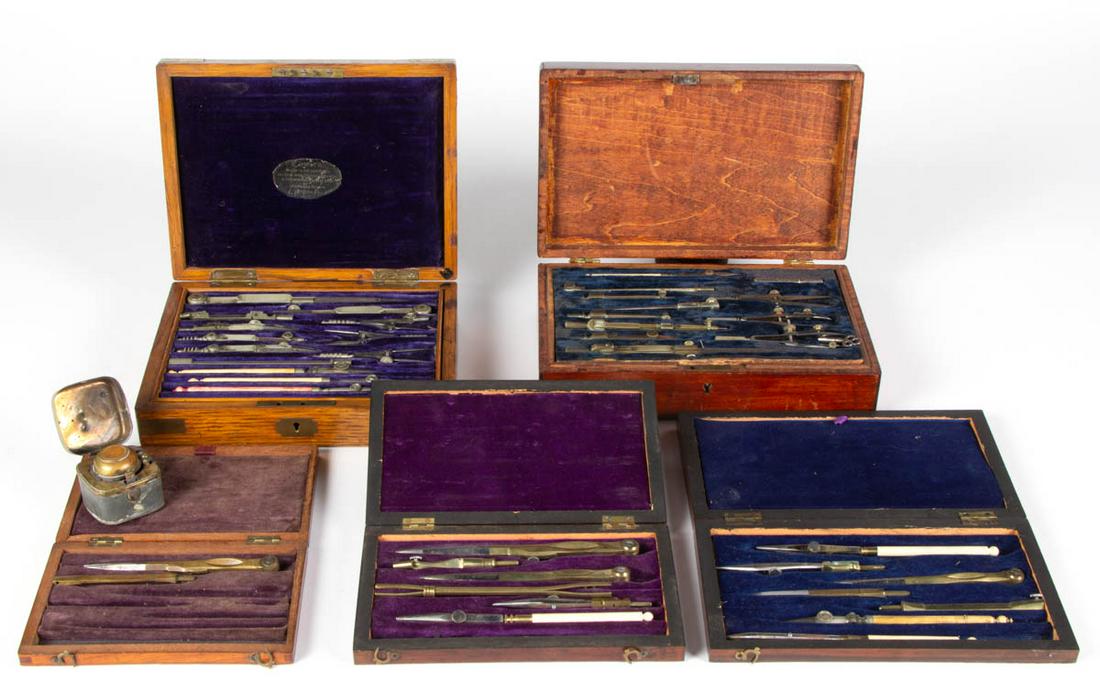 ASSORTED ENGLISH DRAFTING SETS, LOT OF FIVE: ASSORTED ENGLISH DRAFTING SETS, LOT OF FIVE, each in probably original case, including one with original label for "E. SMITH / MAKER TO THE ADMIRALTY / THE ROYAL NAVY COLLEGE GREENWICH. / & THE IMPERI