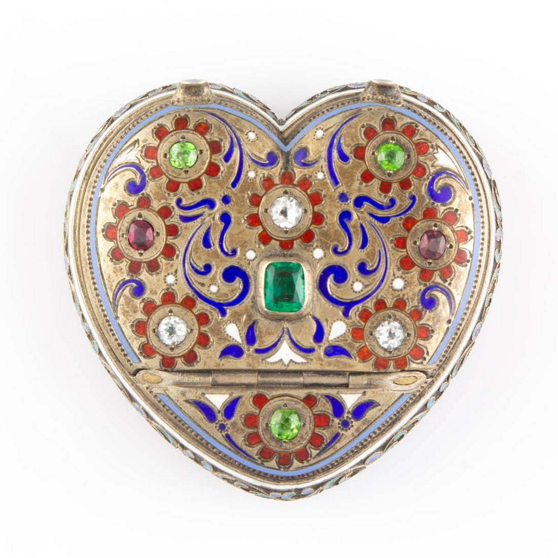 TIFFANY & CO. RETAILED RUSSIAN ENAMELED GILT 0.875: TIFFANY & CO. RETAILED RUSSIAN ENAMELED GILT 0.875 SILVER WITH GEMSTONES HEART-SHAPED BOX, possibly for bon bons, pills, or snuff, decorated by champleve and cloisonne enamel arranged in scrolling and