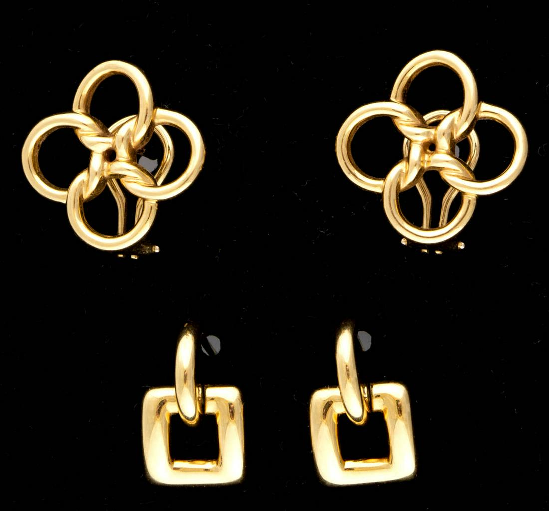 ELSA PERETTI FOR TIFFANY & CO. 18K YELLOW GOLD: ELSA PERETTI FOR TIFFANY & CO. 18K YELLOW GOLD "QUADRIFOGLIO" EARRINGS, PAIR, four-leaf clover form having post backs with omega clip fasteners. Marked "TIFFANY & CO. (c) Elsa Peretti 750". Together w