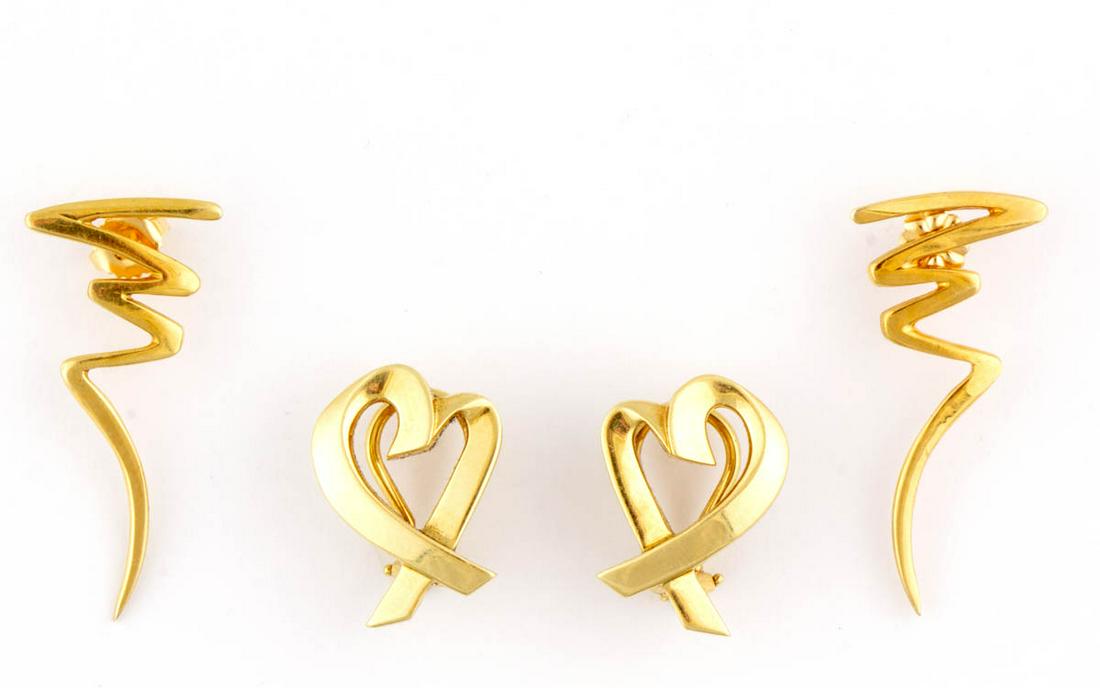 PALOMA PICASSO FOR TIFFANY & CO. 18K YELLOW GOLD: PALOMA PICASSO FOR TIFFANY & CO. 18K YELLOW GOLD EARRINGS, TWO PAIRS, comprising a zig zag scribble pair, and a "Loving Heart" pair, each with post back, including a Tiffany & Co. blue cloth pouch. Sc