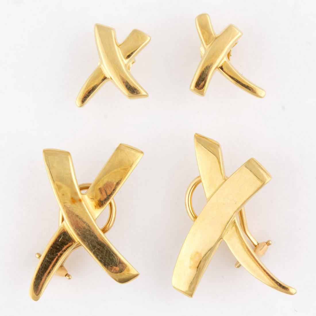 PALOMA PICASSO FOR TIFFANY & CO. 18K YELLOW GOLD: PALOMA PICASSO FOR TIFFANY & CO. 18K YELLOW GOLD "GRAFFITI" EARRINGS, TWO PAIRS, from the "Paloma's Graffiti" collection, each "X" with post back, including a larger and a smaller pair. Larger marked 