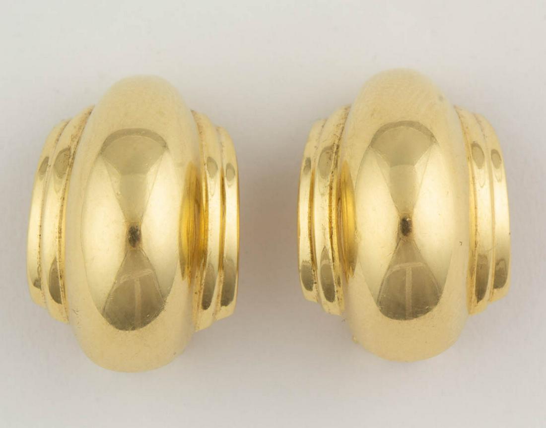 PALOMA PICASSO FOR TIFFANY & CO. 18K YELLOW GOLD: PALOMA PICASSO FOR TIFFANY & CO. 18K YELLOW GOLD EARRINGS, PAIR, each half-hoop form having post back with omega clip fastener, including a Tiffany & Co. blue cloth pouch. Each marked "(c) Paloma Pica