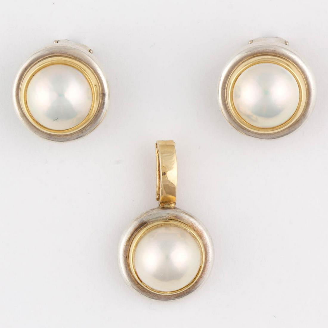 PALOMA PICASSO FOR TIFFANY & CO. STERLING SILVER, 18K: PALOMA PICASSO FOR TIFFANY & CO. STERLING SILVER, 18K YELLOW GOLD, AND PEARL JEWELRY SUITE, LOT OF THREE, each round form with half of pearl in bezel setting, comprising a pendant and a pair of post-b