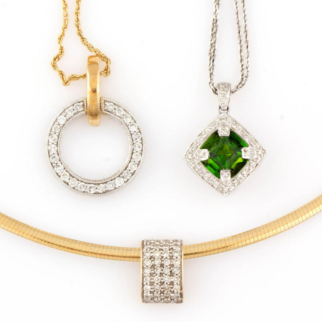 14K GOLD MELEE DIAMOND-ACCENTED PENDANTS ON NECKLACE: 14K GOLD MELEE DIAMOND-ACCENTED PENDANTS ON NECKLACE CHAINS, LOT OF THREE, comprising a rectangular yellow gold pendant with 36 pave-set melee diamonds on a two-toned omega chain, a two-toned circular