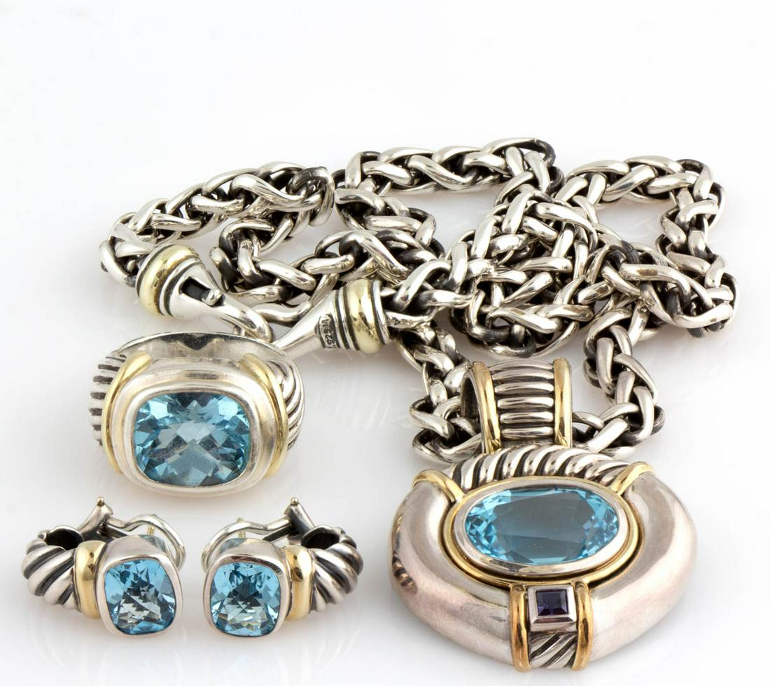 DAVID YURMAN STERLING SILVER, 14K GOLD-ACCENTED, AND: DAVID YURMAN STERLING SILVER, 14K GOLD-ACCENTED, AND BLUE TOPAZ JEWELRY SUITE, LOT OF FOUR, each having cable design with a topaz stone, comprising a pendant with iolite accent on a 20" L large wheat