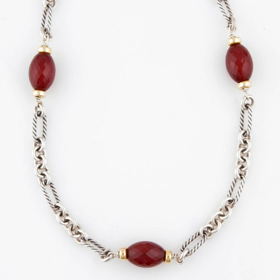 DAVID YURMAN STERLING SILVER, 18K YELLOW GOLD, AND: DAVID YURMAN STERLING SILVER, 18K YELLOW GOLD, AND CARNELIAN FIGARO LINK NECKLACE, having large figaro chain with cable-designed oval links, having seven oval faceted carnelian stone beads flanked by 